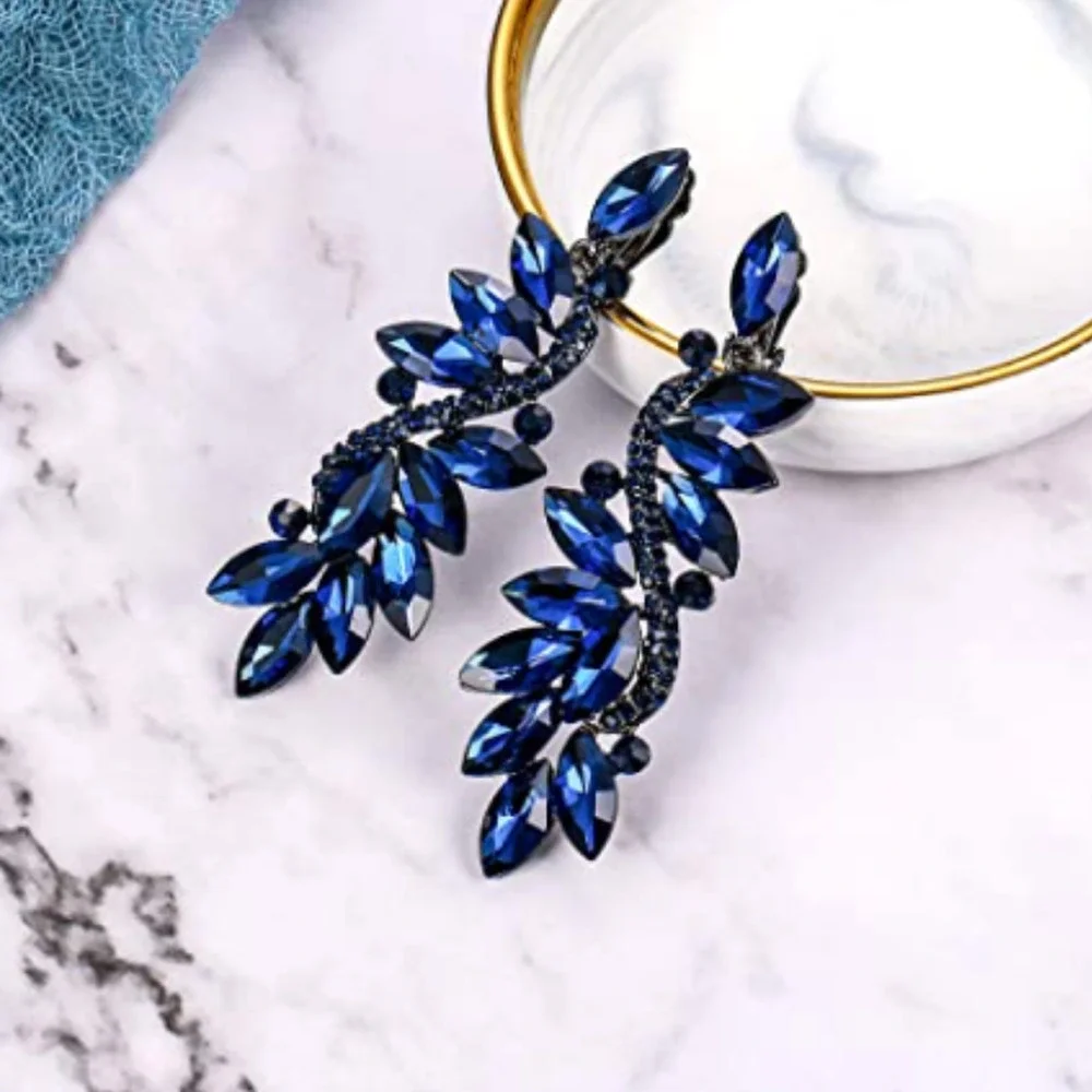 Diamond Cut Sapphire Crystal Drop Earrings Statement Earrings Marquis 3" dangle - Picture 3 of 4